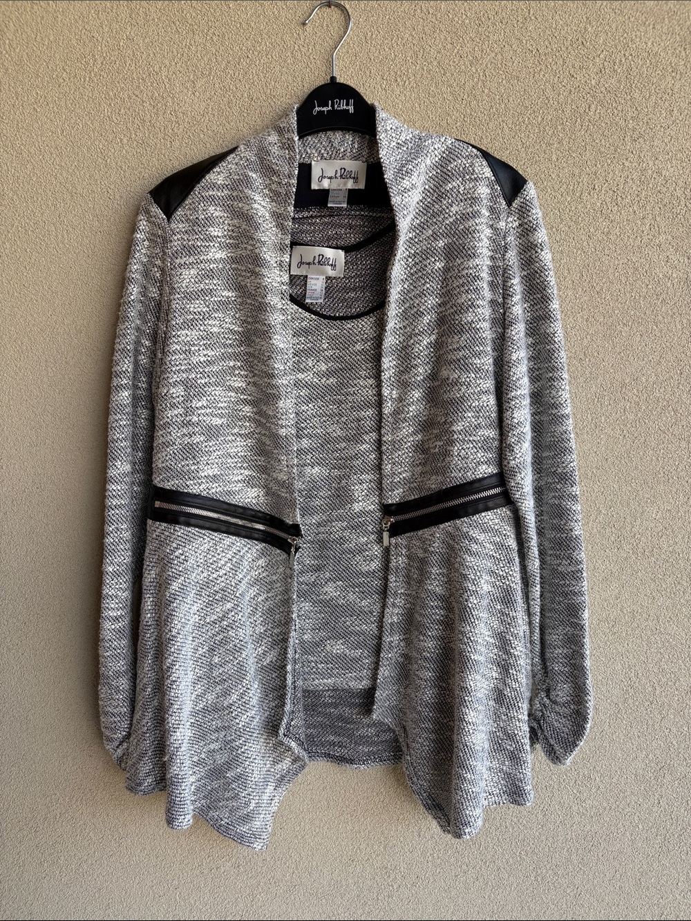 Joseph Ribkoff Grey Open-Front Knit Cardigan with Black Trim with matching tank